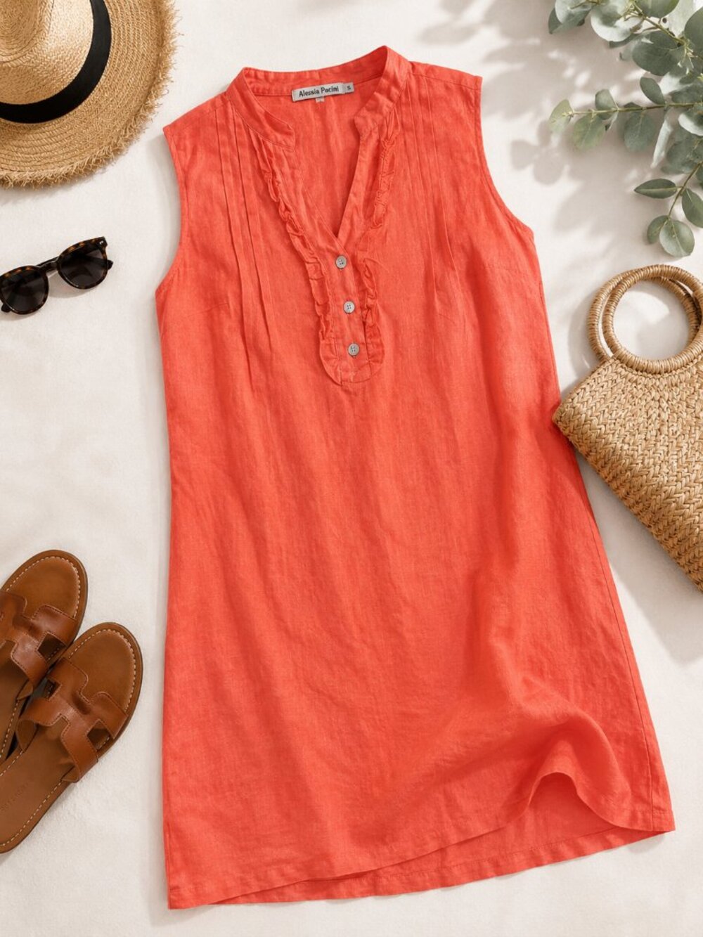Alessia Pacini Italy Coral Linen Sleeveless Shift Dress Ruffle Detail Size S
